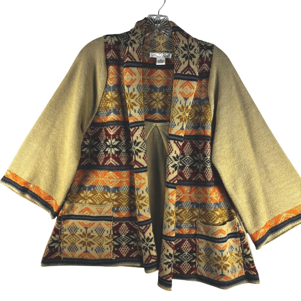 RXB Womens Southwestern Fair Isle Wool Blend Open Front Cardigan Sweater Tan Med